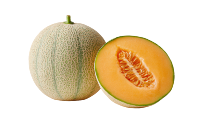 Whole and halved cantaloupe, showing netted rind and juicy orange interior