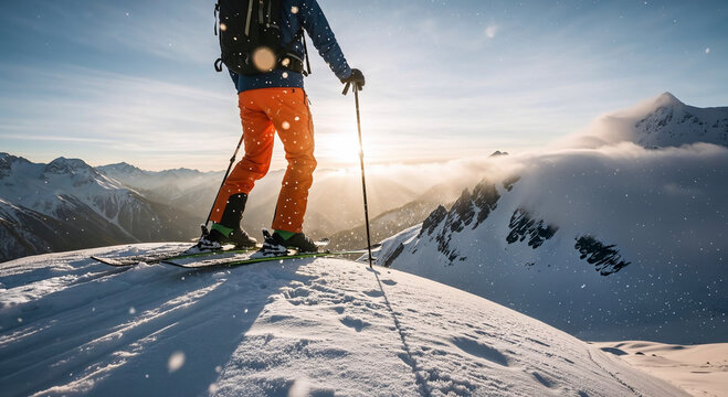 Backcountry ski touring at sunrise: alpine adventure and solitude