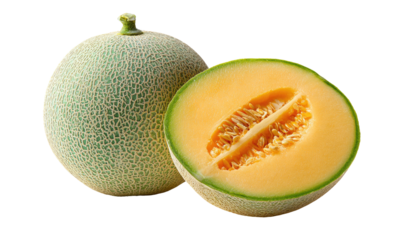 Ripe cantaloupe, one whole and one half, revealing vibrant orange flesh