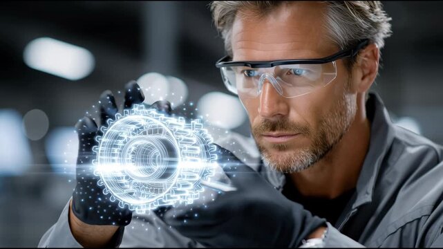 A man wearing a pair of glasses is holding a piece of machinery in his hand. Concept of innovation and technological advancement, as the man is likely working with cutting-edge technology