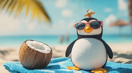 Stuffed penguin on a beach towel with sunglasses and a coconut drink