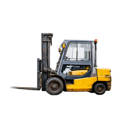 Fototapeta premium Yellow and gray industrial forklift vehicle with metal forks and wheels on a transparent background, cut out