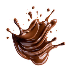 Molten dark chocolate splashing in dynamic motion on a transparent background, cut out