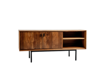 Wooden cabinet with doors and open shelves on black legs