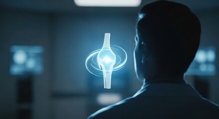 Man silhouetted looking at futuristic holographic medical scan of a joint