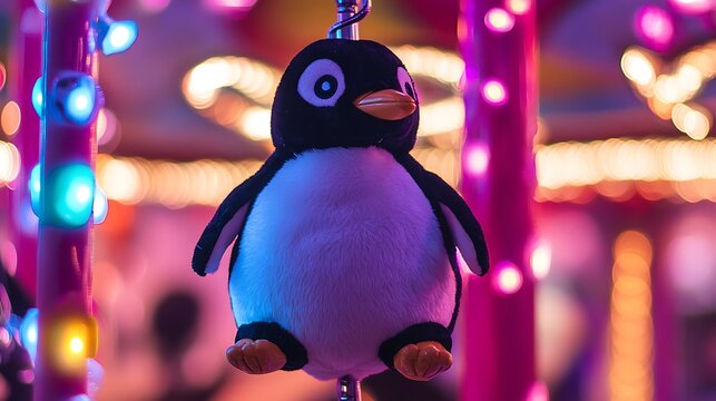 Stuffed penguin on a carousel with colorful lights