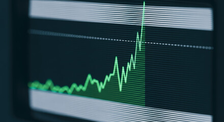 An abstract close-up shot of a bright green stock market trend chart against a dark background, this image captures the dynamic of financial growth and data visualization.