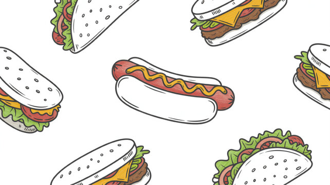 Seamless pattern of hand-drawn fast food including hot dogs and tacos vector illustration for menu design and backgrounds
