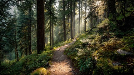 Obraz premium Sunlit Forest Path - Serene Trail Through Lush Greenery and Towering Trees.