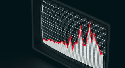 An old-fashioned monitor displaying an analytical graph or chart with red highlights, on a dark backdrop, is captured at an oblique angle, creating a sense of scientific or technical data.