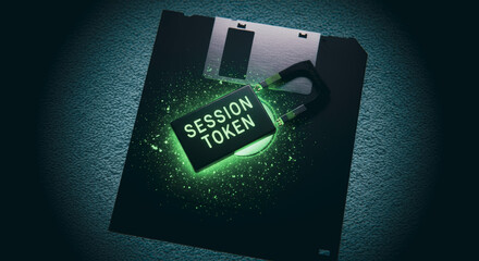 An illuminated Session Token hovers above a classic floppy disk, casting an ambient glow within a tech-inspired setting.