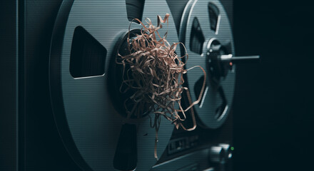 A vintage tape recorder, with reels of metallic tape, captures the essence of analog media.