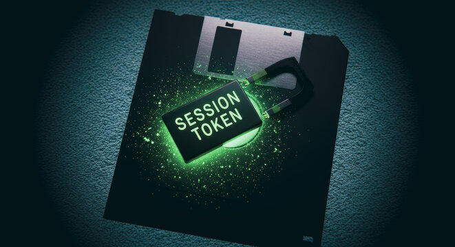 An illuminated Session Token hovers above a classic floppy disk, casting an ambient glow within a tech-inspired setting.