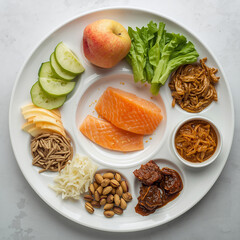 A white round platter filled with various ingredients including raw salmon, sliced cucumbers, an apple, lettuce, shredded chicken, almonds, noodles, and stewed fruit, arranged for a healthy meal.