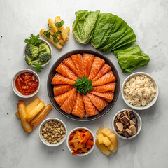 Overhead view of a healthy meal spread featuring raw salmon slices arranged in a circle, surrounded by various fresh vegetables, rice, and other side dishes on a light background.