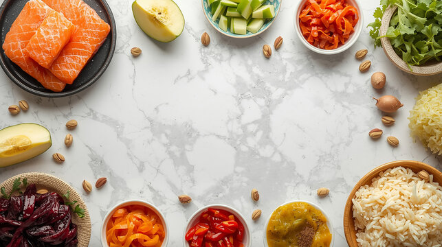 A top-down view of various fresh and healthy food ingredients like salmon, vegetables, fruits, and grains arranged on a white marble background, ready for meal preparation.