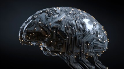 Concept of a futuristic digital brain with circuit patterns highlighting technology and artificial intelligence in a dark environment