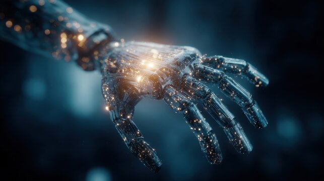 Futuristic robotic hand with glowing elements reaching out in a dark environment showcasing advanced technology and innovation