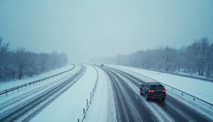 Cars drive on slippery highway during heavy snowstorm. Road covered in snow, ice with limited visibility. Winter weather creates hazardous driving conditions for commuters, travelers navigating icy