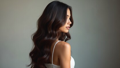 Naklejka premium Profile portrait of young woman with long dark wavy hair in white top. Brunette with beautiful hairstyle and clear skin pose indoor. Elegant female beauty concept with pro hair care.