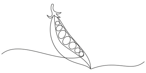 Continuous one line drawing of whole healthy organic pea for harvesting logo identity. Fresh seed pod of sativum concept vegetable icon. Single line draw design vector graphic illustration.
