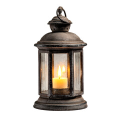 Old Rustic Lantern with Lit Candle on a transparent background, cut out