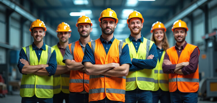 Group of factory workers stand with arms crossed in industrial factory. Males, females wear safety gear including hard hats, reflective vests. Workers diverse, teamwork, collaboration evident in