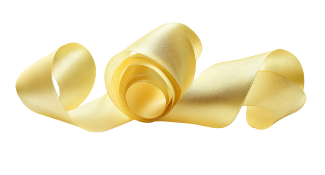 Creamy yellow satin ribbon curls and flows against a dark background