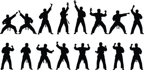 Karate silhouettes set, black martial arts figures, men fighting poses, sport training vector illustration, self defense actions, uniform fighter collection, isolated on white background