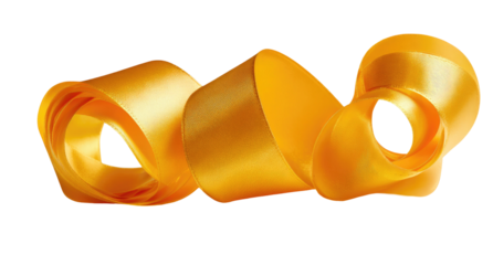 Gleaming golden satin ribbon elegantly curled and twisted on black