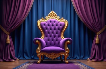 Luxurious royal throne chair set against deep purple velvet curtains, gold accents. Opulent design evokes power, royalty, grandeur. Ideal for interior design, fashion editorials or branding concepts.