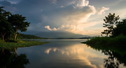 Obraz premium A serene landscape featuring calm lake waters reflecting soft golden sunset light, surrounded by trees and dramatic sky. Ideal for nature themes, travel imagery, and inspirational artwork.