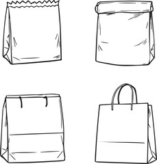 Set of four black line icons of paper bags for lunch, sealed carry, gift, and boutique shopping