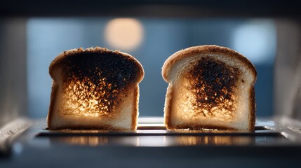 Two slices of burnt toast illuminated from behind inside a toaster bread