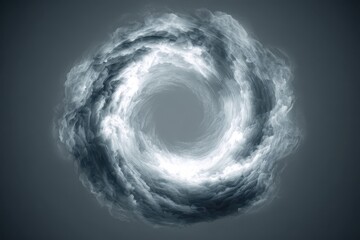 Swirling vortex of clouds with bright center against dark gray background