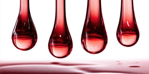 Four red liquid drops suspended mid air with liquid pooling below against a white background