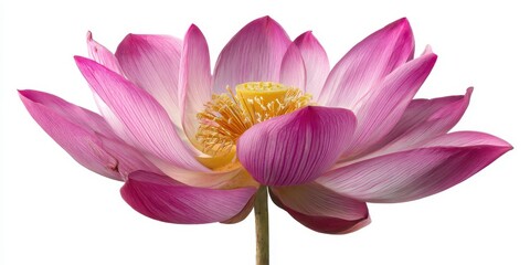 Close up of a vibrant pink lotus flower with detailed petals and yellow stamen