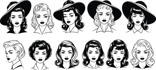 Retro woman portrait collection, vintage fashion girl faces, 1950s style hairstyle, black and white vector illustration, lady in hat, pop art beauty set