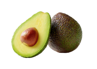 One whole avocado and half of another, showing its pit and flesh