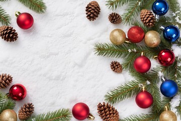 Snowy New Year's background with space for text, bright Christmas tree balls, pine cones and fir branches
