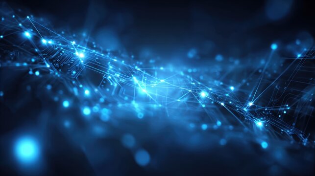 Dynamic blue digital network with glowing nodes and lines representing technology and communication in a futuristic setting