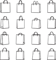 Set of 16 black line icons of shopping bags with varied shapes, handles, and perspectives in minimalist style