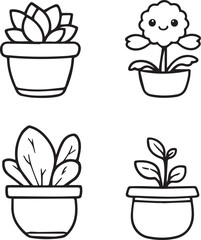 Set of four black line icons of potted plants including succulent, flower, leafy stem, and cartoon bloom