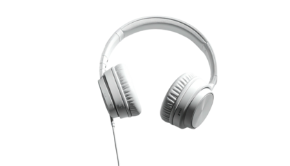 White over-ear headphones on black background, angled to the left