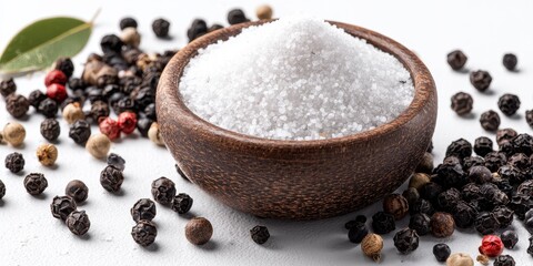 Coarse sea salt in wooden bowl with peppercorns and bay leaf on white coarse salt