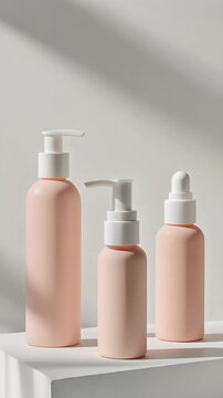 A trio of blank pastel pink cosmetic bottles for skincare products, including pump and dropper dispensers, arranged on a white block with elegant shadows