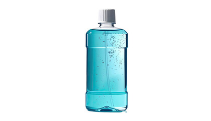 Blue liquid inside a transparent plastic bottle with a white cap