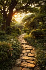Stone pathway winding through a lush green garden with dappled sunlight filtering through trees