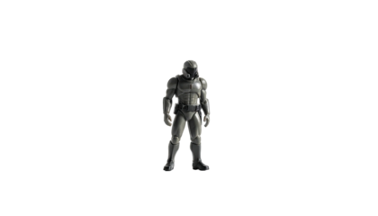 Armored figure stands centrally in a vast, dark, empty void