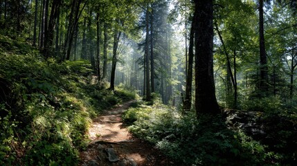 Naklejka premium Sun-Dappled Forest Path - Serene Woodland Scene with Morning Light and Lush Greenery.